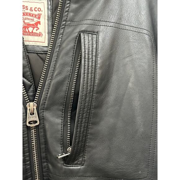 Levi’s Leather Jacket Black Hooded Coat Quilted Lined Medium - Picture 5 of 11